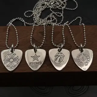 Chrome Hearts Guitar Pick Pendant Silver Engraved Motifs Necklace