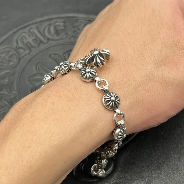 Chrome Hearts Bracelet Chaîne de maillons lourds argent noir avec capuchons florals d'extrémité de maillon 2