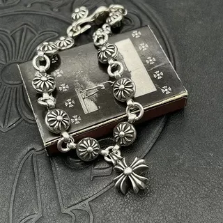 Chrome Hearts Bracelet Chaîne de maillons lourds argent noir avec capuchons florals d'extrémité de maillon 3