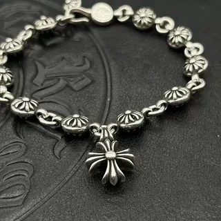 Chrome Hearts Bracelet Chaîne de maillons lourds argent noir avec capuchons florals d'extrémité de maillon 5