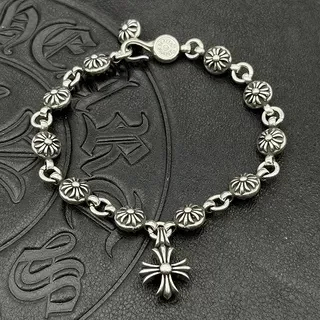 Chrome Hearts Bracelet Chaîne de maillons lourds argent noir avec capuchons florals d'extrémité de maillon 6