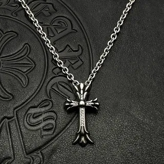 Chrome Hearts Silver Black Ornate Gothic Cross Fleur-De-Lis Terminals Necklace