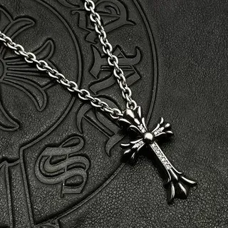 Colar Chrome Hearts Prata Preto Ornamentado Gótico Cruz Fleur-de-Lis Terminales 8