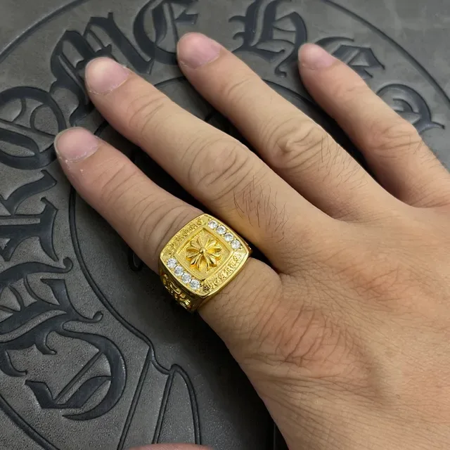 Chrome Hearts Anel Signet Quadrado Ouro/Prata Pavé-Set 2