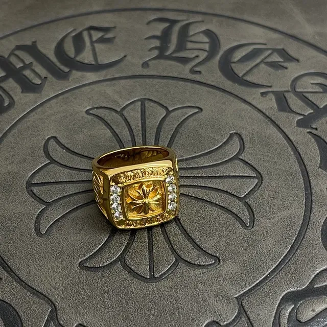 Chrome Hearts Anel Signet Quadrado Ouro/Prata Pavé-Set 3