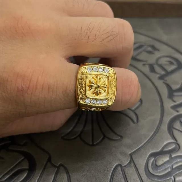 Chrome Hearts Anel Signet Quadrado Ouro/Prata Pavé-Set 7