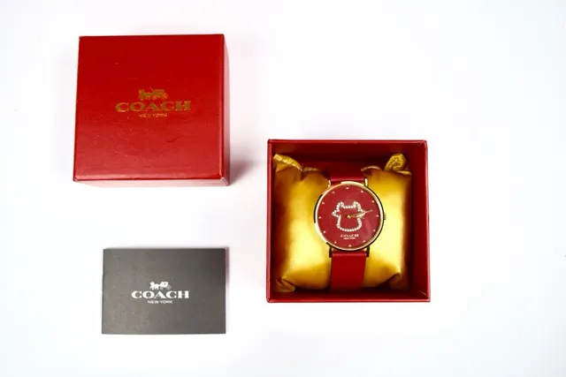 Coach C-Logo Carcasa de Oro Rojo Correa de Cuero Reloj de Cuarzo 7
