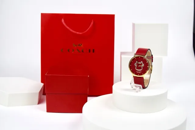 Coach C-Logo Carcasa de Oro Rojo Correa de Cuero Reloj de Cuarzo 8