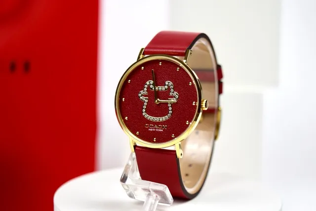 Coach C-Logo Carcasa de Oro Rojo Correa de Cuero Reloj de Cuarzo 9