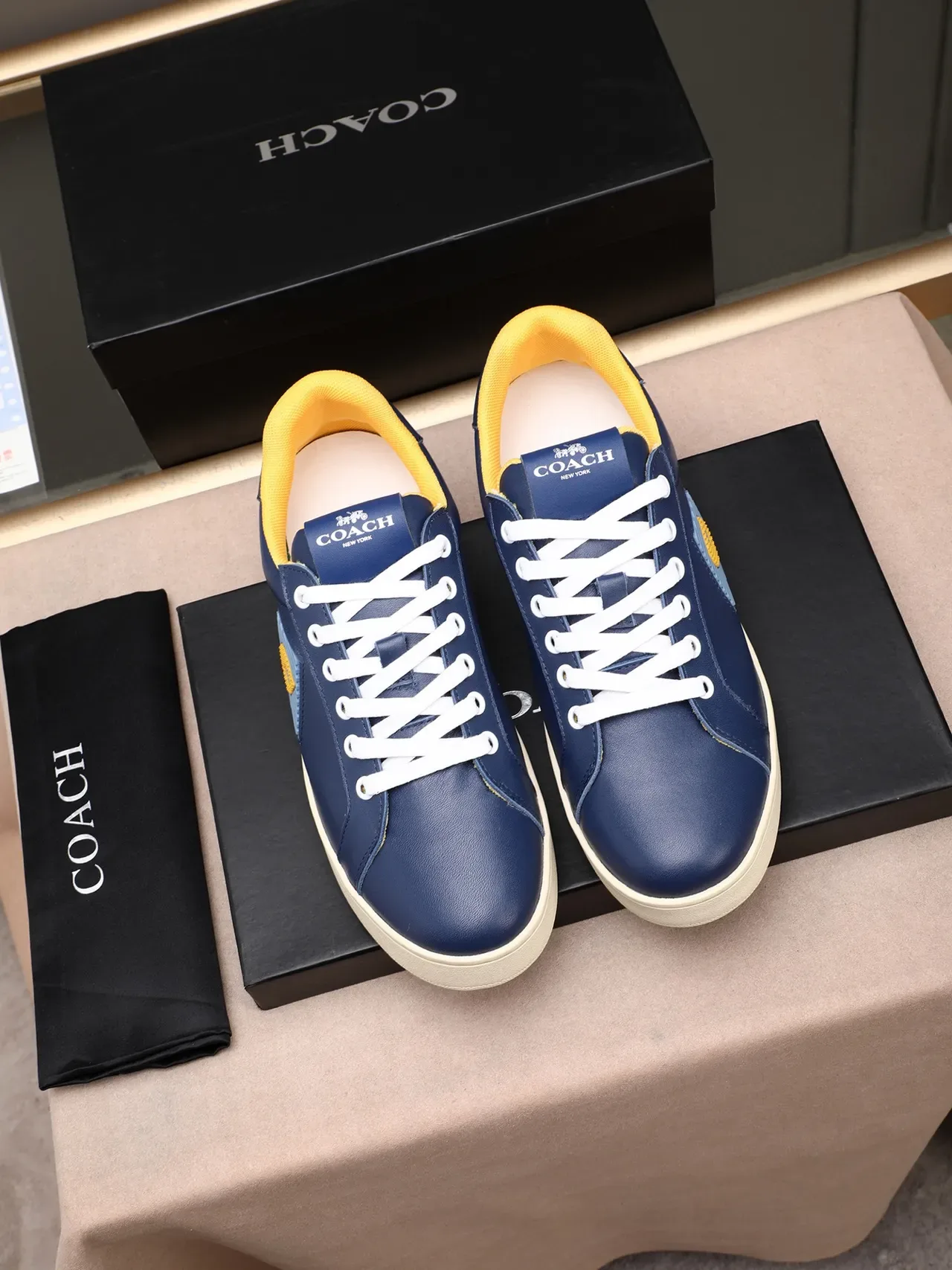 Coach Navy Yellow Leather Upper Contrast Collar Sneakers 2