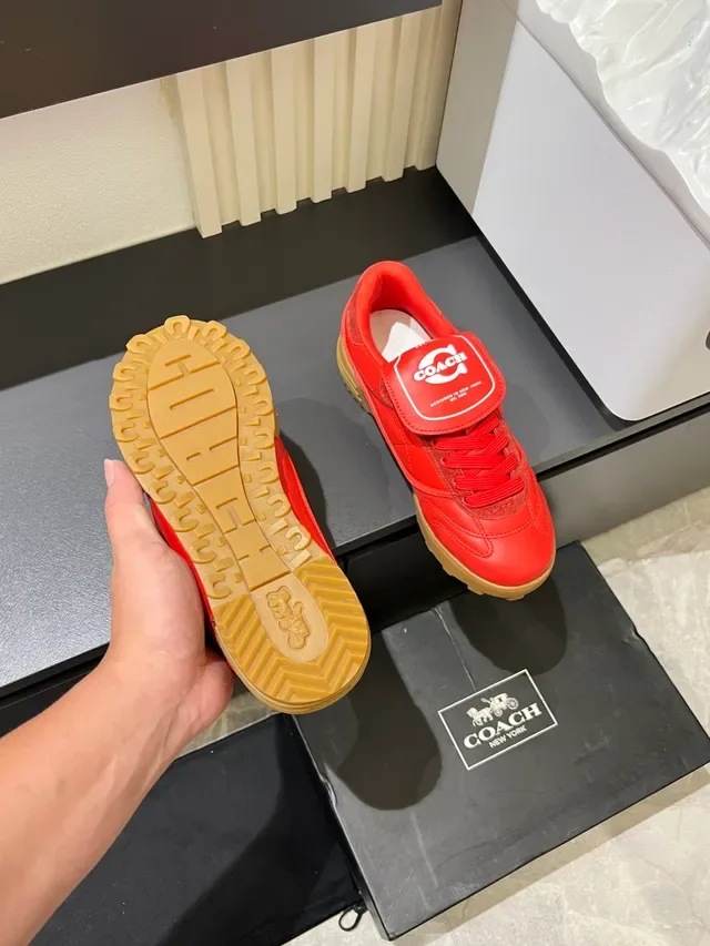 Coach Red Beige Strap-Tongue Detail Gum Rubber Sole Lifestyle Sneakers 3