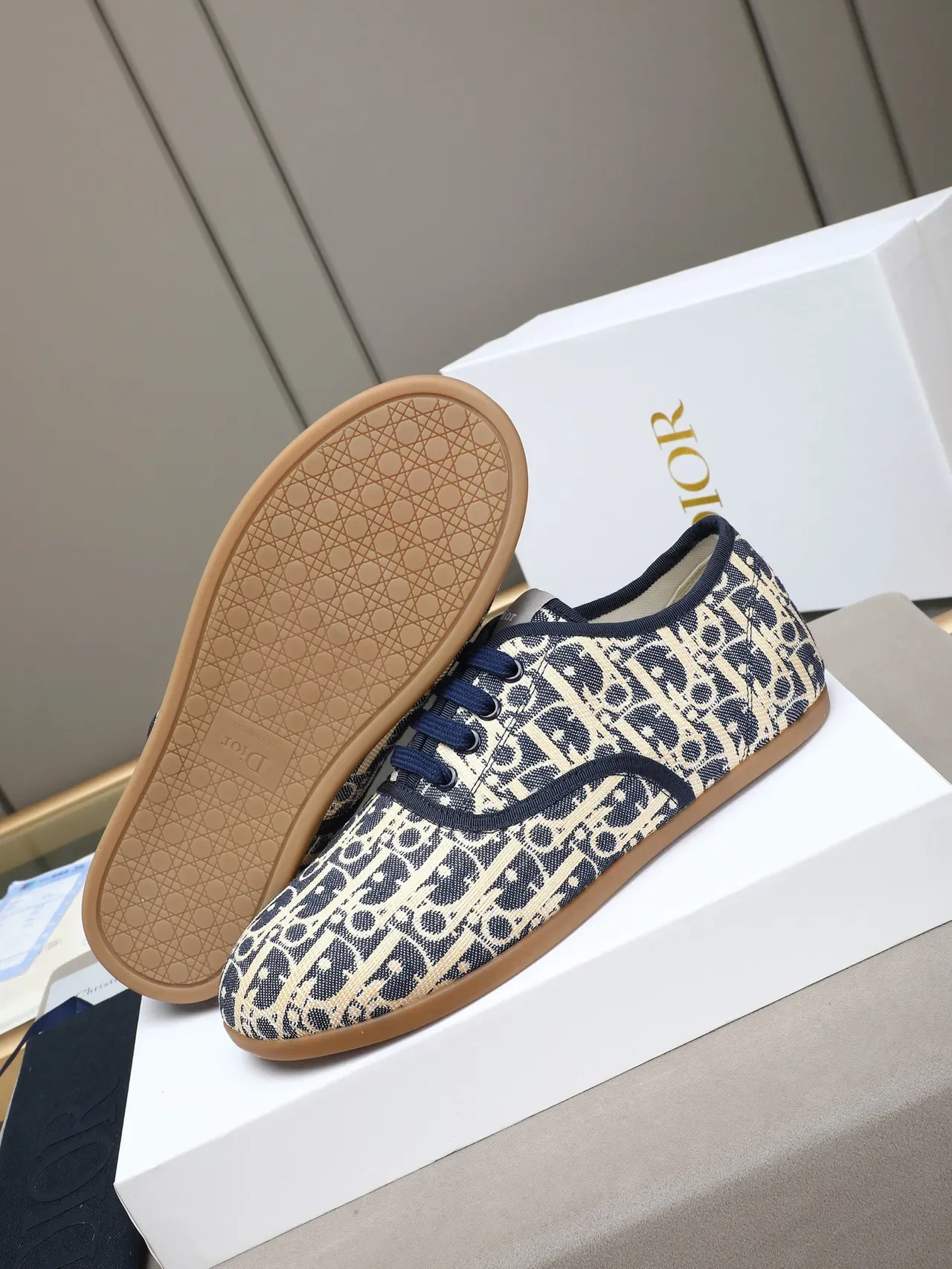 Dior B-Series 印花帆布 海军蓝和米色生活方式运动鞋 4