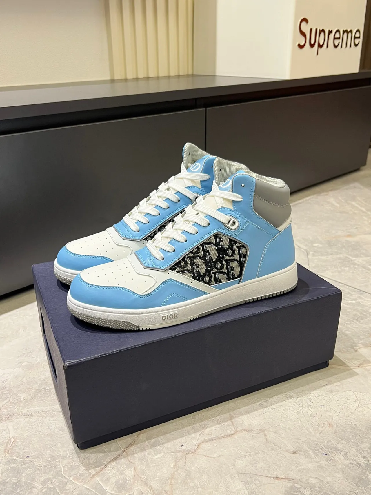 Dior B23 Light Blue and White Monogram High-Top Lifestyle Sneakers 3