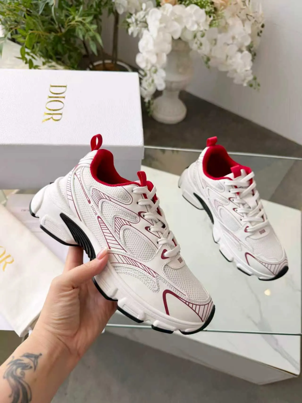 Dior B23 White and Red Chunky Sneakers 9