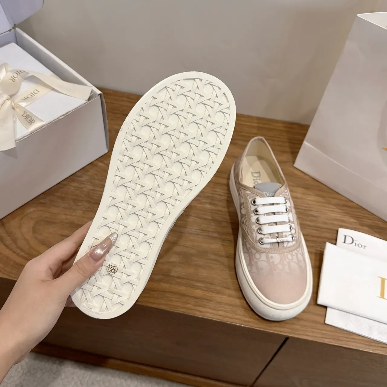Dior B27 Beige Monogram Canvas Sneakers Lifestyle 3