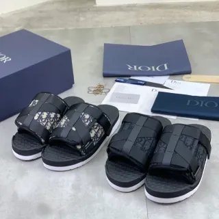 Dior B27 Black Beige Slide Sandals Elastic Strap Construction Slippers