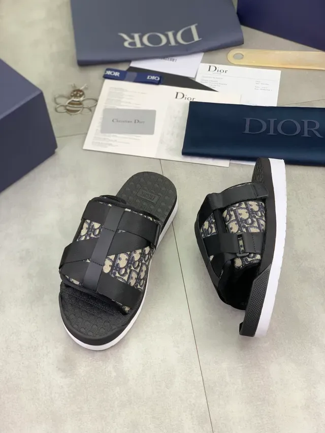 Dior B27 Black Beige Slide Sandals Elastic Strap Construction Slippers 5