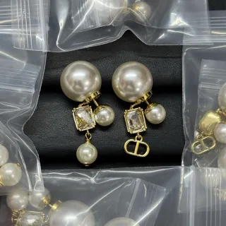 Dior Beige Gold Pearl Drop Crystal Accent Earrings