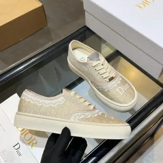 Dior Beige White Jacquard Monogram Textile Lace Trim Lifestyle Sneakers