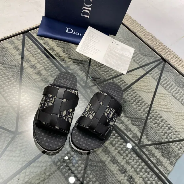 Dior Black Beige Oblique Monogram Fabric Dual Elastic Straps Slippers 8