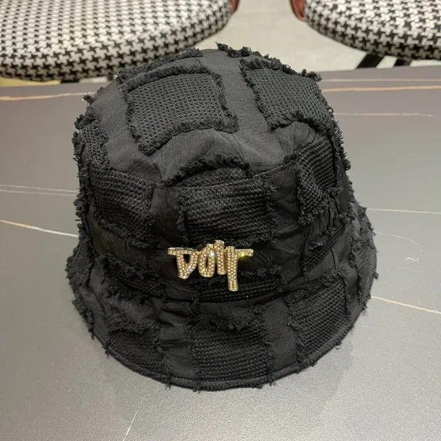 Dior Black Gold Patchwork Textured Fabric Raw Frayed Edges Bucket Hat 3