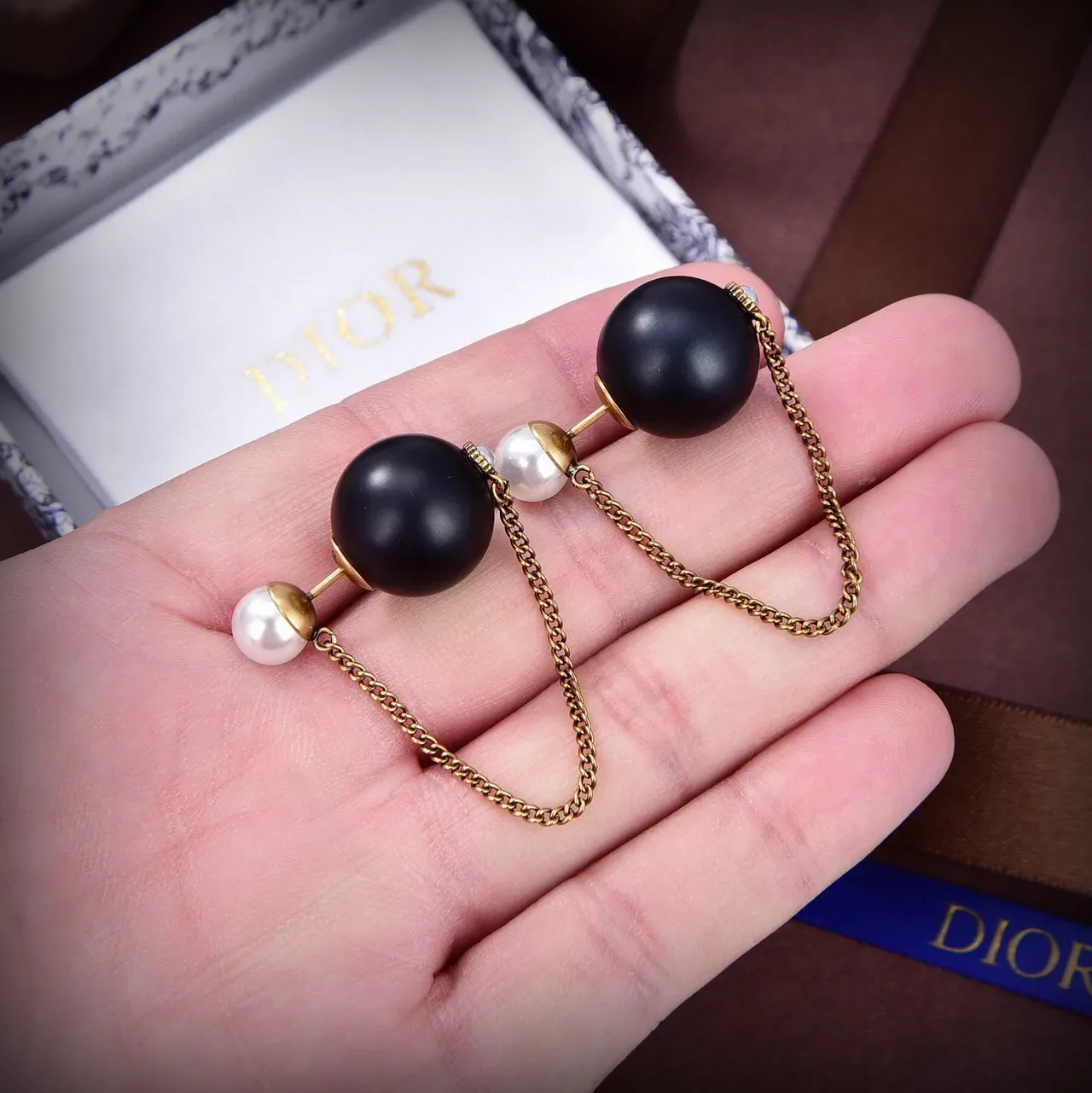 Dior Black Onyx and Pearl Gold Chain Dangle Earrings 2