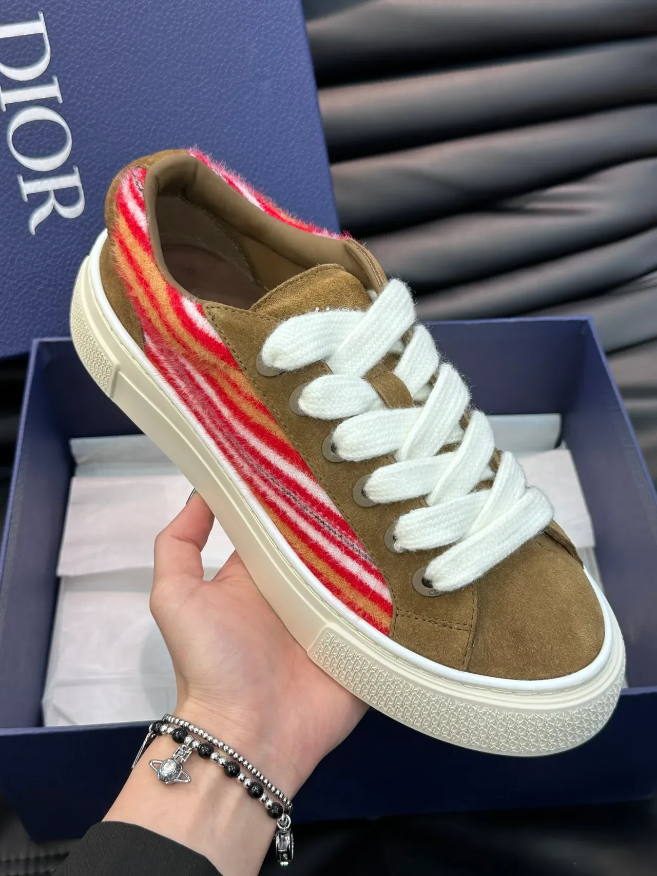 Dior Brown Multicolor Suede Upper Striped Wool Side Panel Lifestyle Sneakers 1