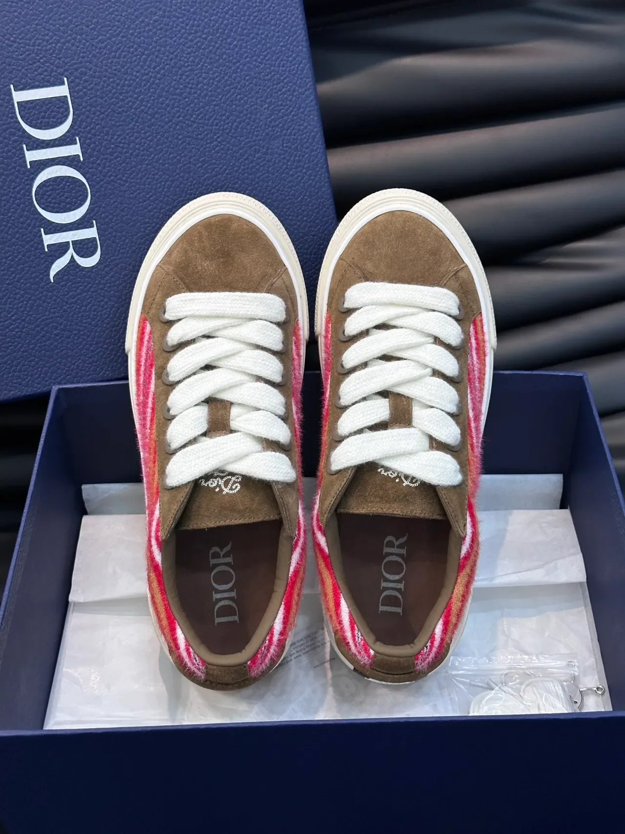 Dior Brown Multicolor Suede Upper Striped Wool Side Panel Lifestyle Sneakers 4