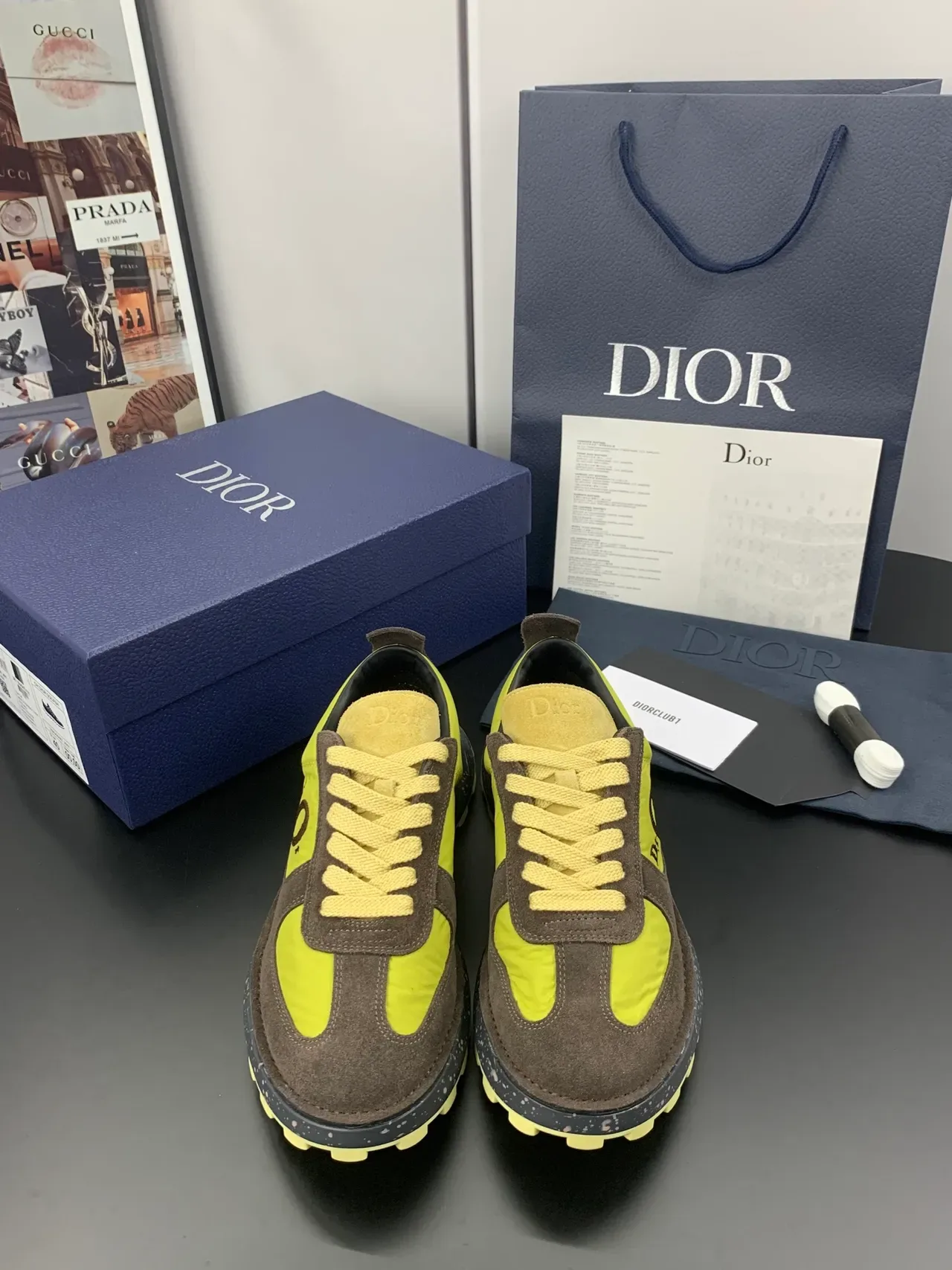 Dior Tênis Lifestyle Marrom Amarelo Camadas De Suede E Nylon Sola De Borracha Speckled 4