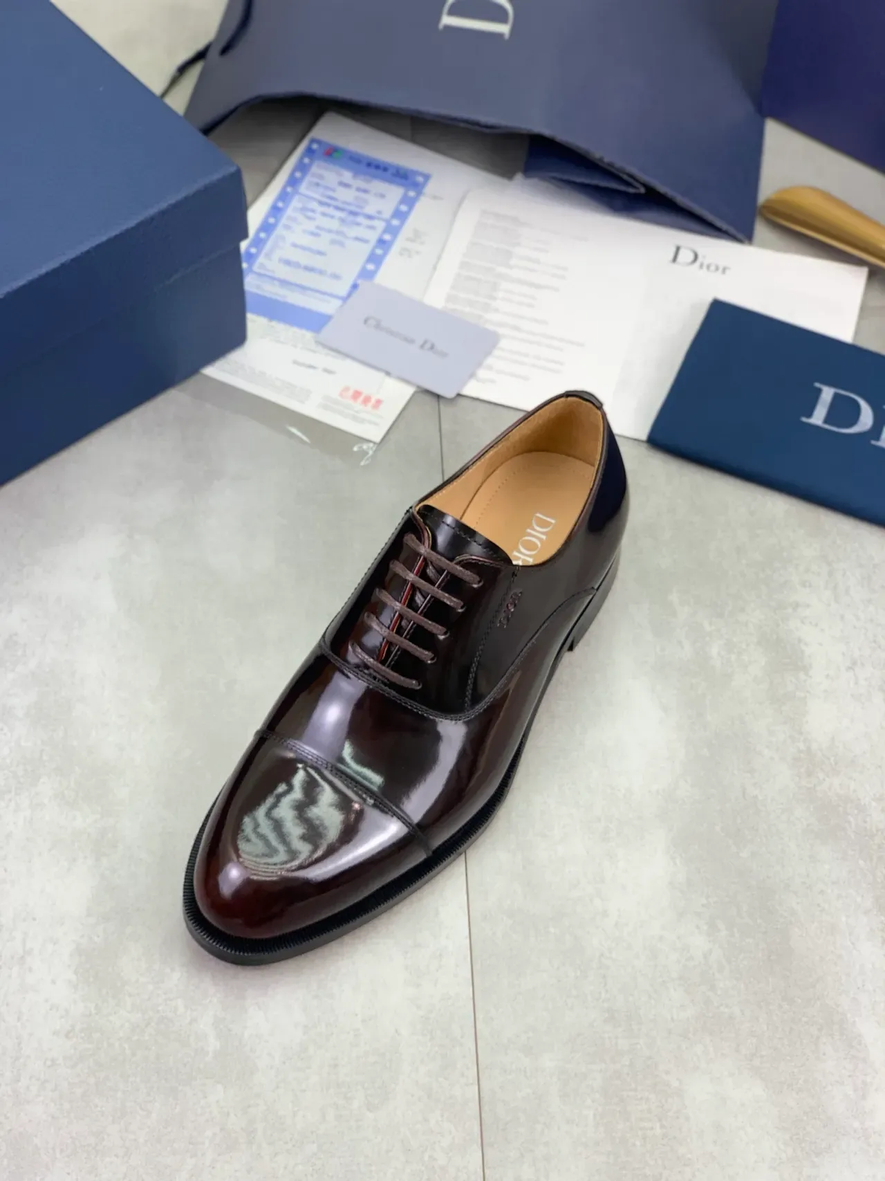 Dior Burgundy Black High-Shine Patent Leather Cap-Toe Oxford Shoes 4