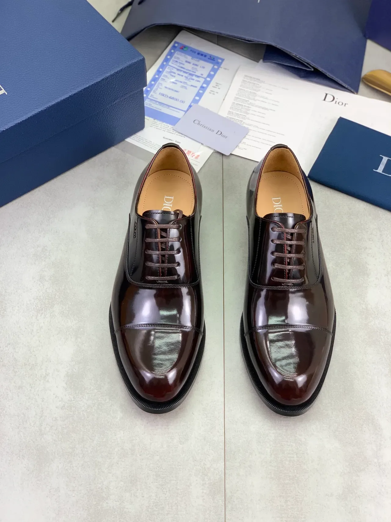 Dior Burgundy Black High-Shine Patent Leather Cap-Toe Oxford Shoes 5