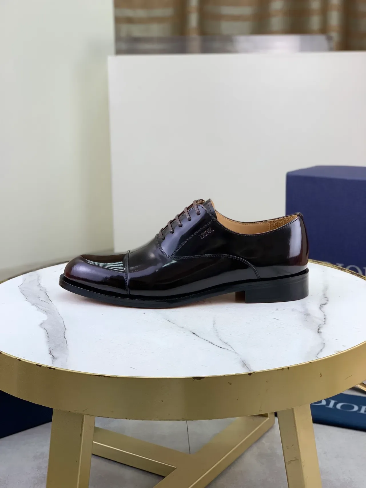 Dior Burgundy Black High-Shine Patent Leather Cap-Toe Oxford Shoes 6