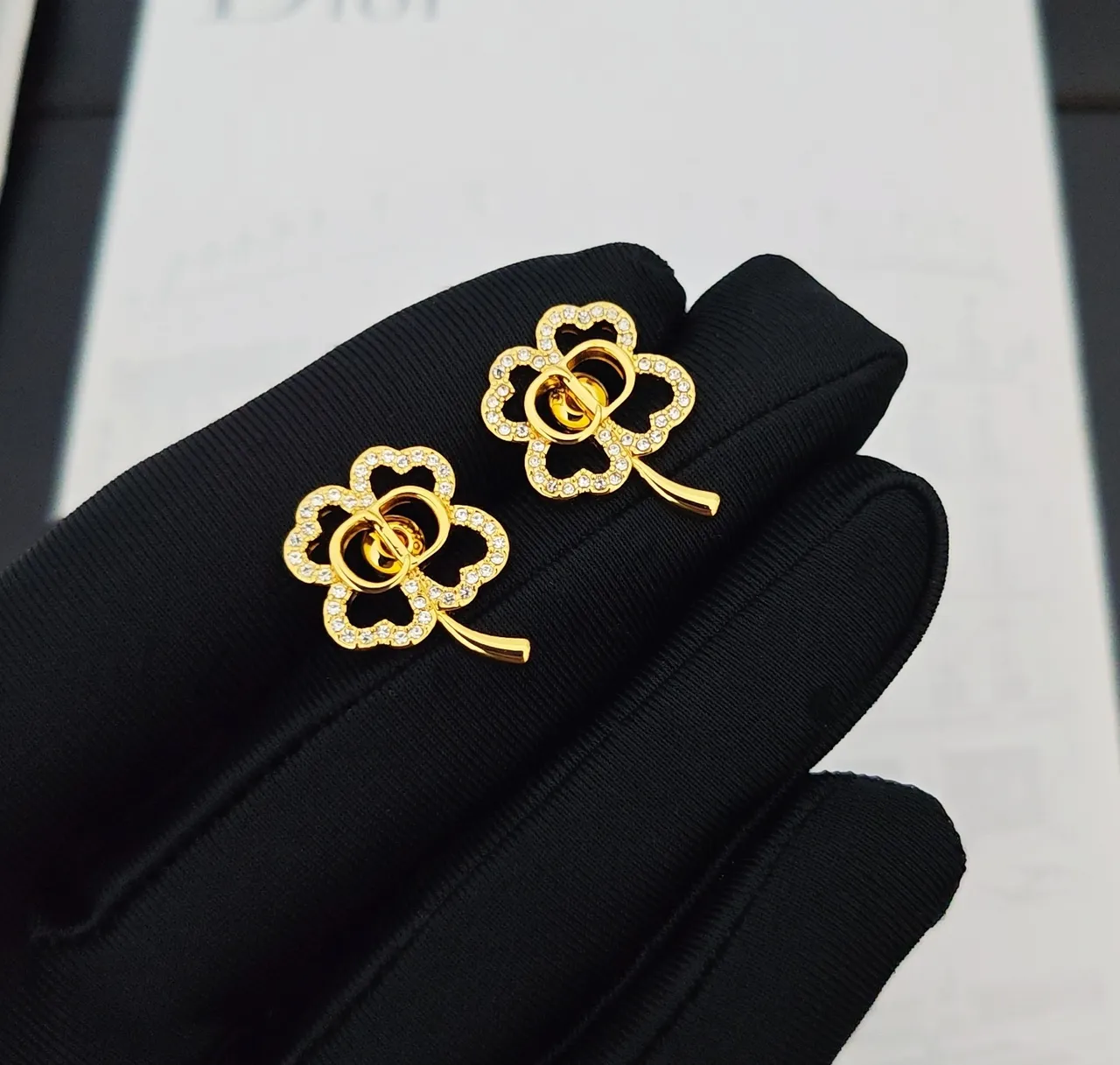Dior Clover-Shaped Pavé-Crystal Gold-Tone Earrings 4