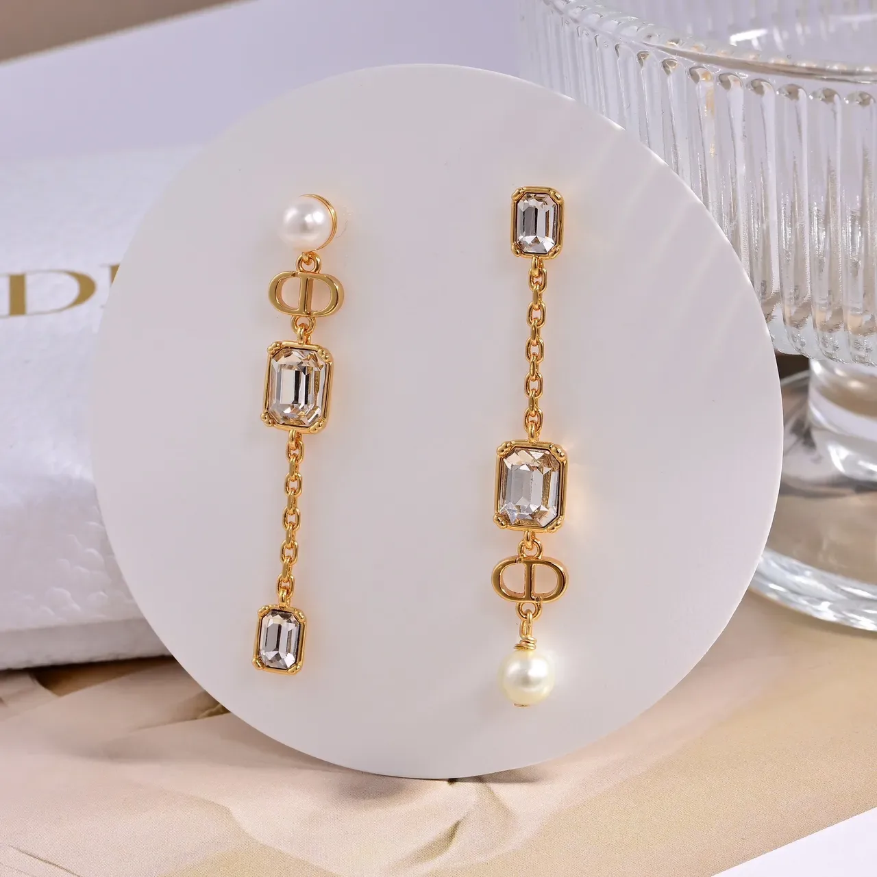 Dior Crystal and Pearl Asymmetrical Drop Earrings 2
