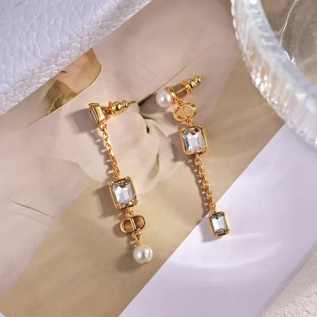 Dior Crystal and Pearl Asymmetrical Drop Earrings 3