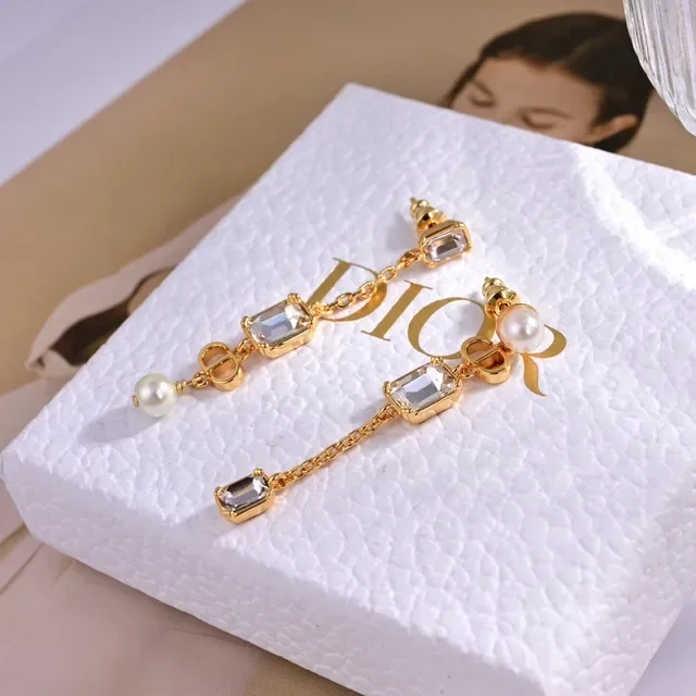 Dior Crystal and Pearl Asymmetrical Drop Earrings 4