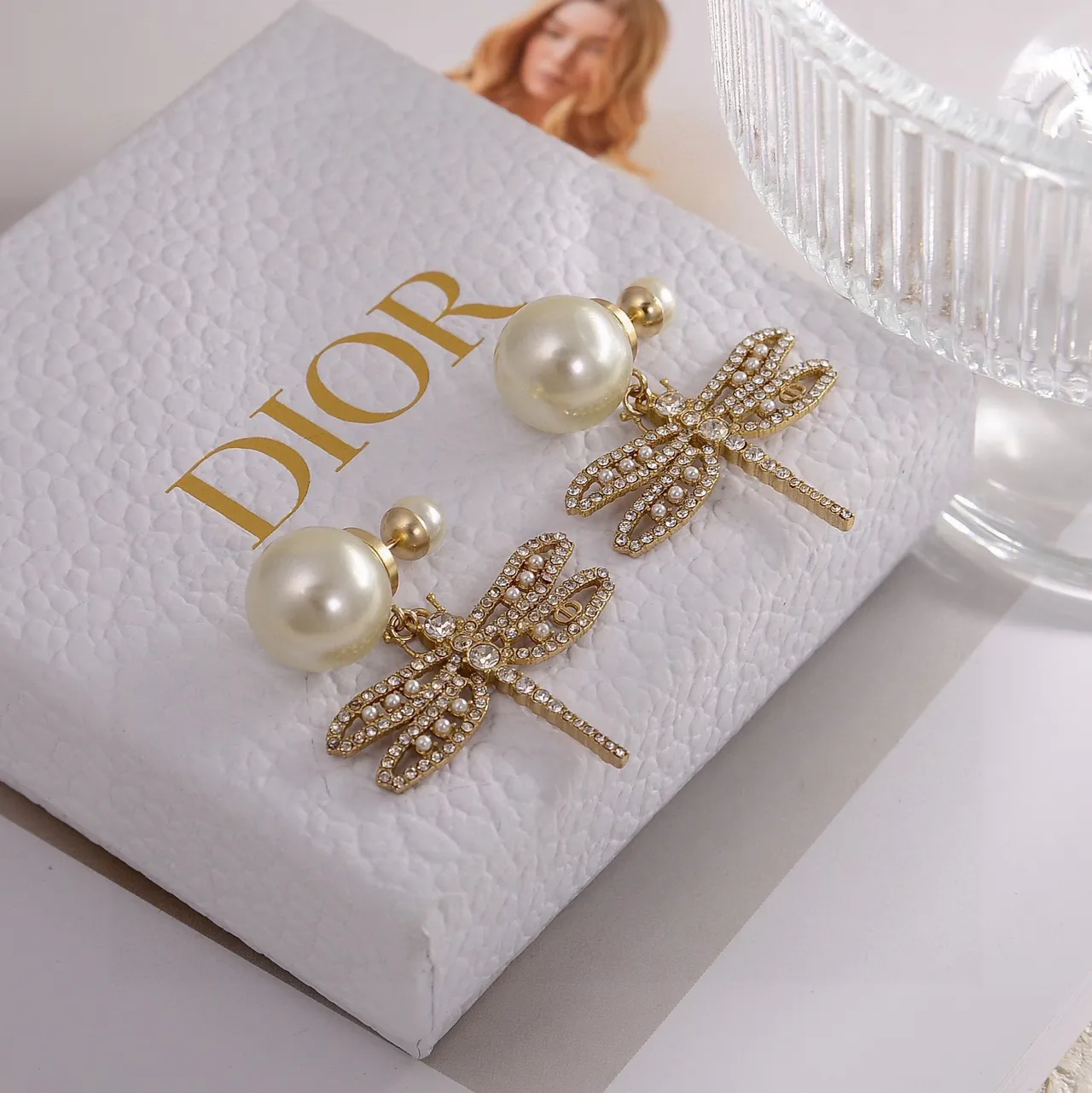 Dior Dragonfly Pavé Crystal and Pearl Earrings 3