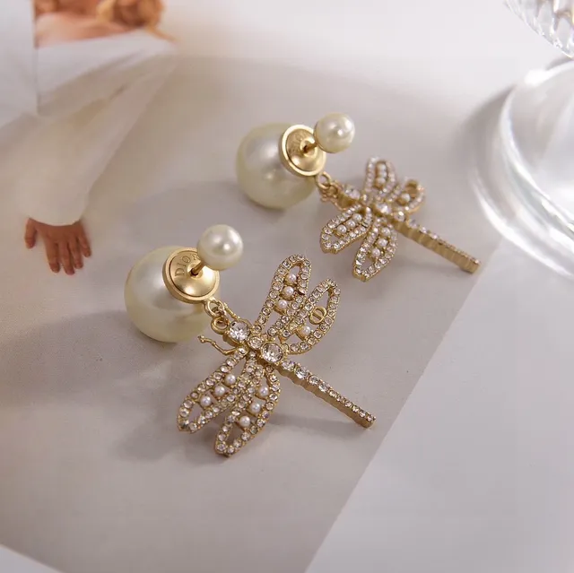 Dior Dragonfly Pavé Crystal and Pearl Earrings 4