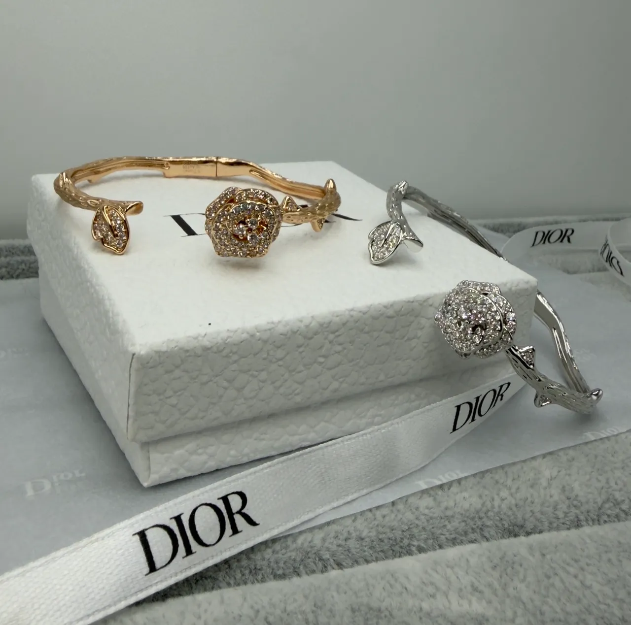 Dior Floral Pavé Crystal Vine Stem Open Bangle Bracelets 6