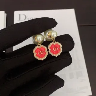 Dior Floral Pearl-Trimmed Red Enamel Earrings