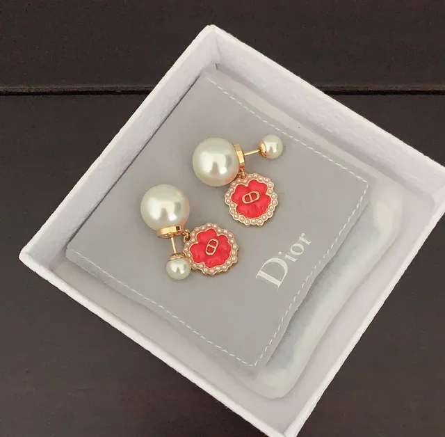 Dior Floral Pearl-Trimmed Red Enamel Earrings 3