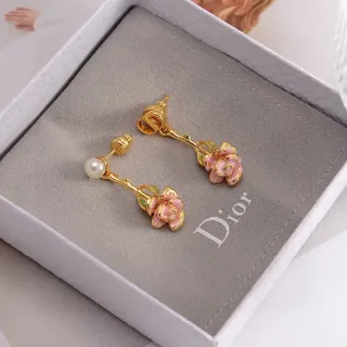Dior金色粉色珐琅玫瑰花朵垂坠耳环