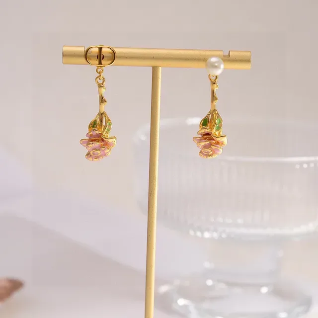 Dior Gold Pink Floral Drop Enamel Rose Earrings 2