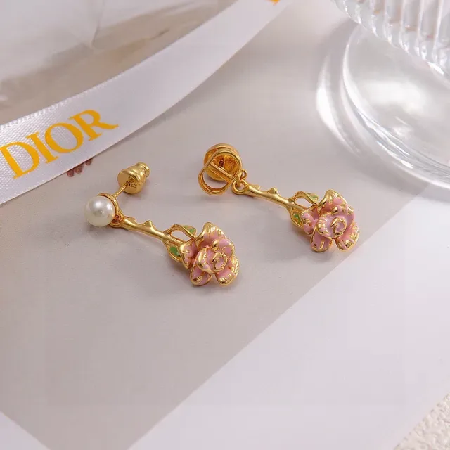 Dior Gold Pink Floral Drop Enamel Rose Earrings 3