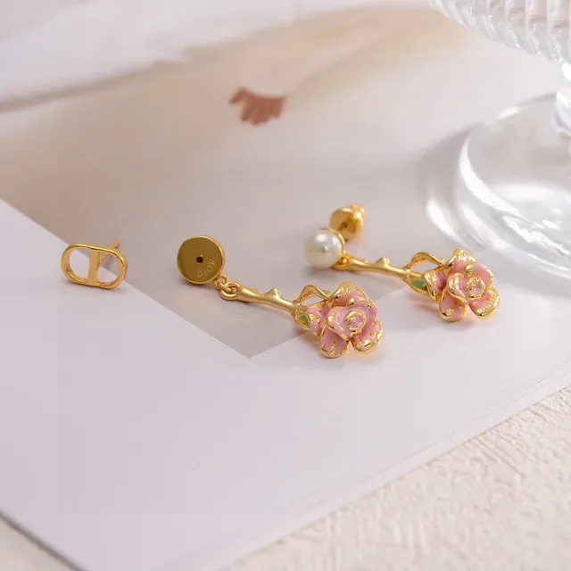 Dior Gold Pink Floral Drop Enamel Rose Earrings 4