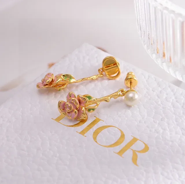 Dior Gold Pink Floral Drop Enamel Rose Earrings 5