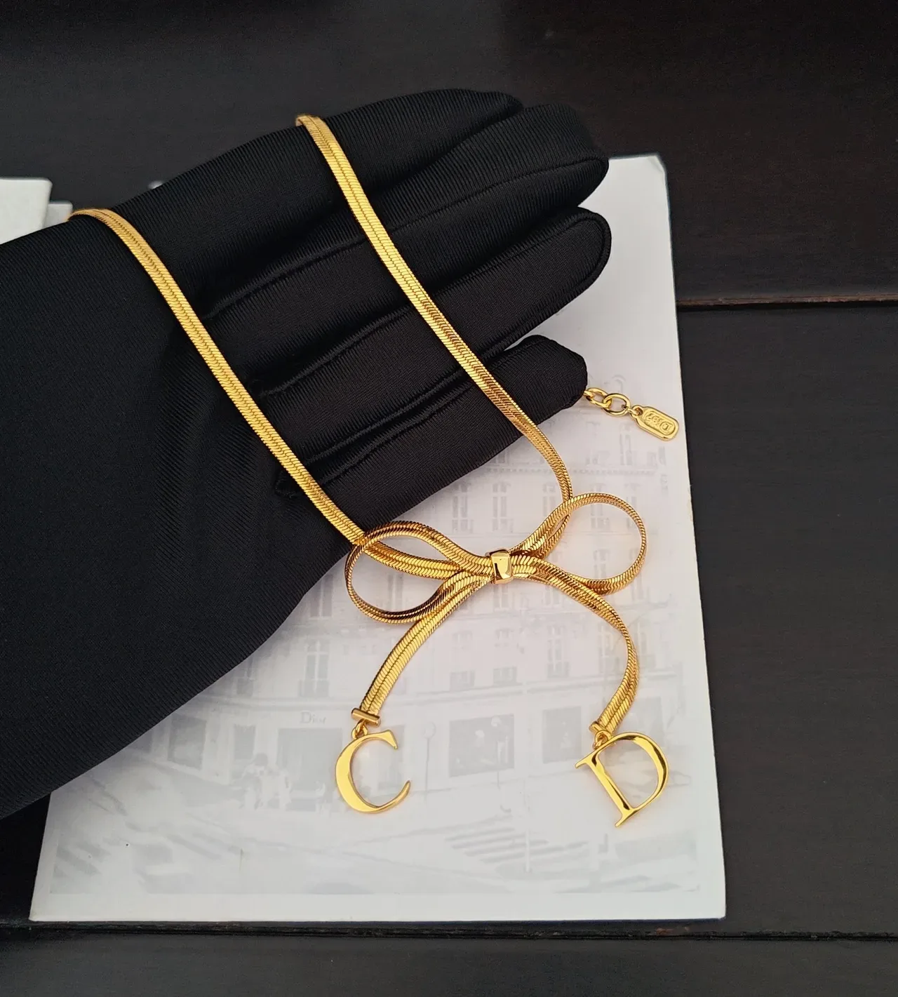 Dior Gold Snake Chain Bow Knot Necklace 4