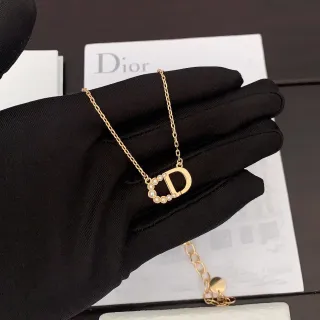 Dior Collier Chaîne D-Forme Pendentif Blanc Doré