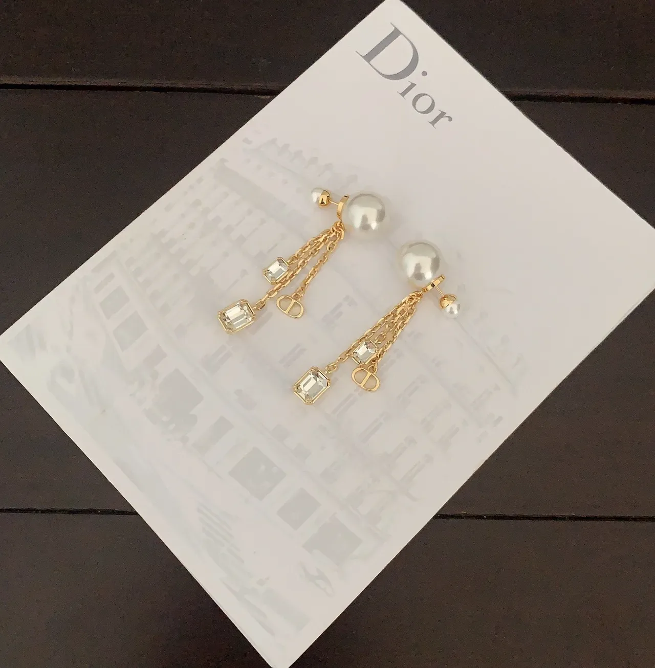 Dior Gold White Pearl Stud Chain Drop Earrings 2