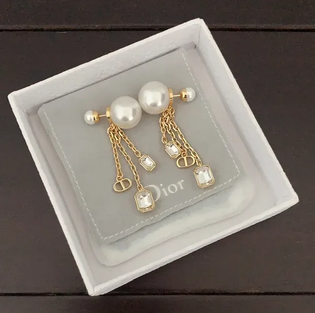 Dior Gold White Pearl Stud Chain Drop Earrings 3